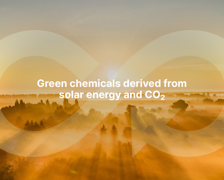 an image of a forest being lit by the sun and a text "Green chemicals derived from solar energy and CO2